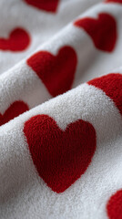 White plush blanket with red heart pattern 
