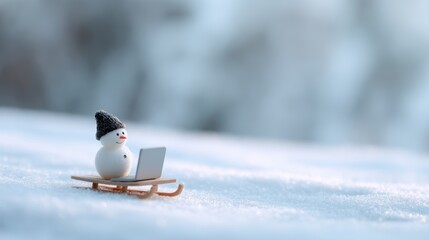 Snowman typing on laptop outdoors with sled, winter remote work humor concept