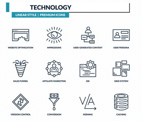 technology icons set - website optimization, impressions, user-generated content, grid system, caching outline vector collection. © IconArt