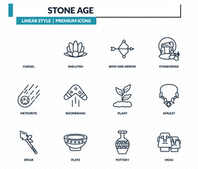 stone age icons set - cudgel, shellfish, bow and arrow, amulet, moai outline vector collection. © IconArt