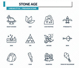 stone age icons set - roast chicken, leaf, cave painting, bow, venus of willendorf outline vector collection. © IconArt