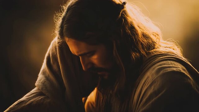 Jesus gently comforting a lonely person, emotional atmosphere, compassion, comfort, faith, and spiritual solace.