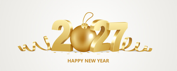 Happy New Year 2027. Golden 3D numbers with ribbons, Christmas ball and confetti on a white background.