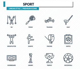 sport icons set - ski, tennis, training, match, soccer ball outline vector collection.