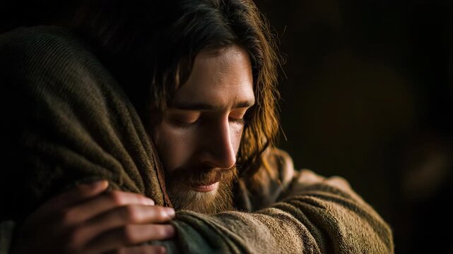 Jesus gently comforting a lonely person, emotional atmosphere, compassion, comfort, faith, and spiritual solace.