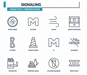 Fototapeta premium signaling icons set - road closed, letter m, on air, no smoke, price ticket outline vector collection.