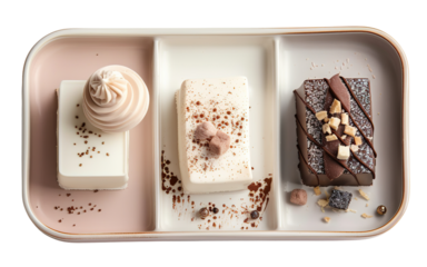 Trio of carefully arranged desserts featuring a mousse, a creamy treat, and a chocolate delight. Each dessert is presented in a geometric dish, enhancing the visual appeal