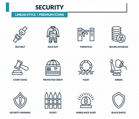 Fototapeta premium security icons set - seat belt, race suit, turnstiles, airbag, black shield outline vector collection.