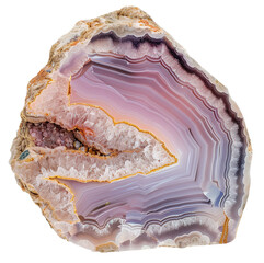 Obraz premium Displayed is an agate slice cross-section featuring vibrant concentric rings and intricate patterns on a transparent background. This natural gem is a captivating study of color and texture