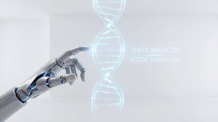 robotic hand pointing at glowing digital dna helix. futuristic healthcare, genetic innovation and medical engineering concept. biotechnology science 3d illustration. banner, website header.