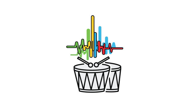 Line drawing of two drums with colorful sound waves and drumsticks on a white background.