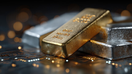 Golden Treasure: A gleaming gold bar rests atop several silver bars, captured in a macro shot that accentuates the luxury and wealth associated with precious metals. 