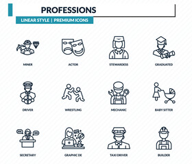 professions icons set - miner, actor, stewardess, baby sitter, builder outline vector collection.