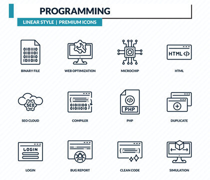 programming icons set - binary file, web optimization, microchip, duplicate, simulation outline vector collection.