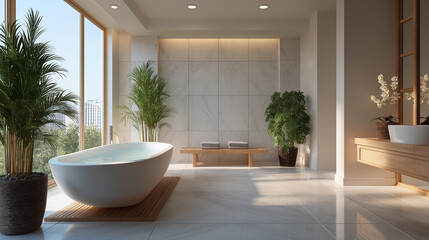 Zen Bathroom Retreat: A modern bathroom with a freestanding tub, lush plants, and natural light creates a spa-like atmosphere for relaxation and rejuvenation.