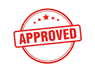 Circular Red 'APPROVED' Rubber Stamp with Decorative Stars, Signifying Acceptance and Quality Assurance, Isolated on White