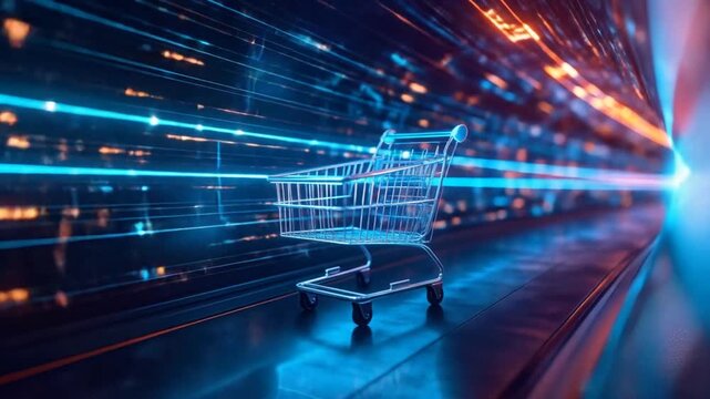 Shopping Cart Navigating Digital Data Stream: Online Retail Concept