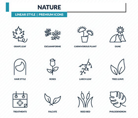 nature icons set - grape leaf, escuamiforme, carnivorous plant, tree leave, philodendron outline vector collection. © IconArt