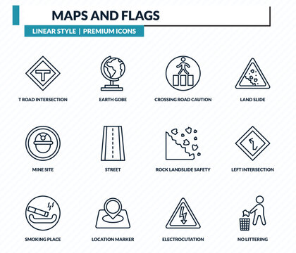 maps and flags icons set - t road intersection, earth gobe, crossing road caution, left intersection, no littering outline vector collection.
