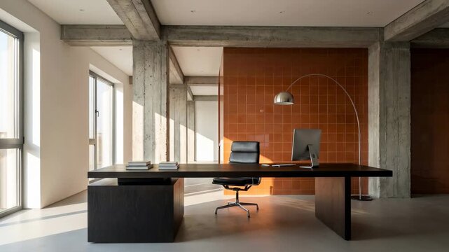 Three office desks are arranged with black chairs. Large windows allow light to fill the room, highlighting the industrial-style walls. A warm atmosphere is created during midday.