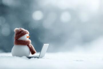 Snowman freelancer working on laptop outdoors in snow, winter remote work and online shopping concept