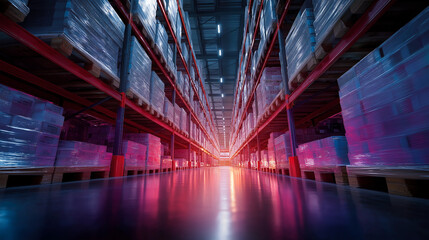 Warehouse Distribution Center: An expansive industrial warehouse is showcased, filled with towering racks of packaged goods.