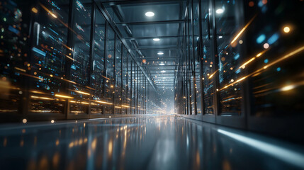 Data Center: Illuminated pathways of a high-tech data center, server racks lined and bathed in the ethereal glow of digital data streams.