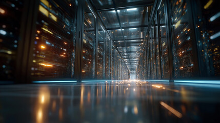 Cyber Fortress: A futuristic data center pulses with energy. Servers hum, processing information in a digital haven, the heart of technological innovation. 