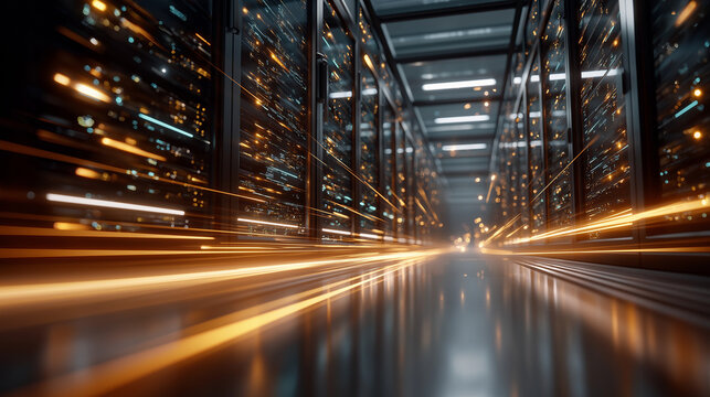 Cyber Pathways: A dynamic and futuristic depiction of a server room, where data streams like trails of light weave through the infrastructure. - Powered by Adobe