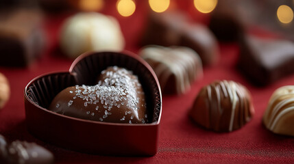 Chocolates for the Beloved: An elegant presentation of assorted chocolates, with a heart-shaped box as the centerpiece, perfect for conveying affection and delight on a special occasion.