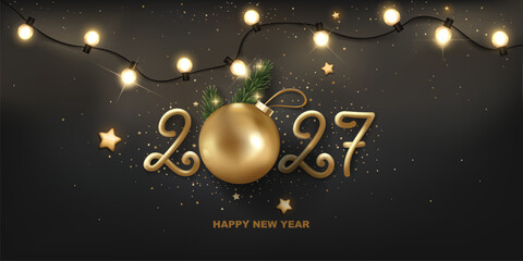 Happy New Year 2027 background with Christmas light, golden numbers and decoration. Celebration background design.