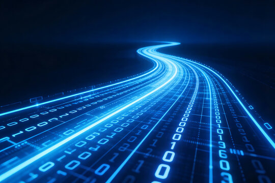 Sreaming data, binary data moving on a digital road. Digital Code road concept. 3D