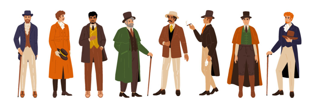 19th century man. Victorian suit gentleman in hat. 1900 English people as fashion elegant old character. Vintage clothing. Traditional British dandy outfit. Vector aristocrat costumes set