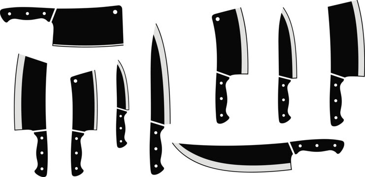 Vector collection of professional kitchen knife silhouettes including meat cleavers chef knives and butcher tools isolated on white background for culinary and restaurant design