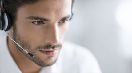 Male customer service professional wearing headset providing online consultation, modern office