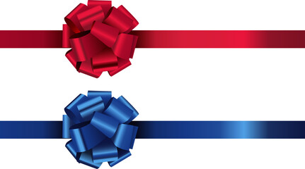 Realistic shiny ribbon red and bow, ribbon blue isolated on white background, vector illustration design for decoration festivals, such as Christmas, valentine, birthday card, celebration
