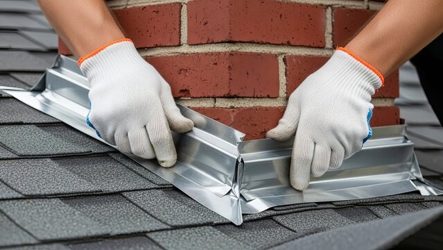 Roofing professional installing chimney flashing on a tiled roof
