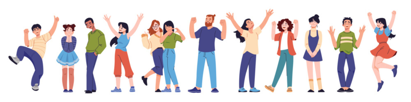 Happy young group. Diverse community event, student characters on audience. Man person dancing, woman waving hand, crowd party or positive employee team vector cartoon flat isolated concept