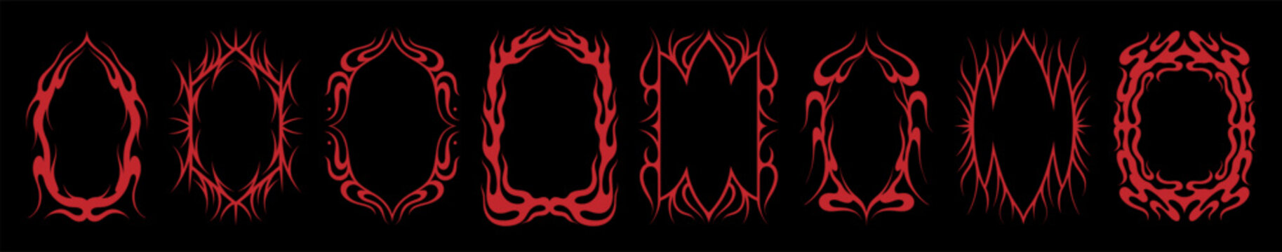 Gothic frame. Tribal fire border, fantasy oval y2k frame or vintage ornate red element. Swirl ornament in emo aesthetic. Dark mystery menu, symmetry mystic element graphic vector design set
