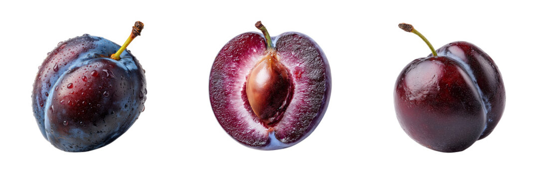 Three ripe plums one whole cut in half showing seed and flesh isolated on a transparent background fruit