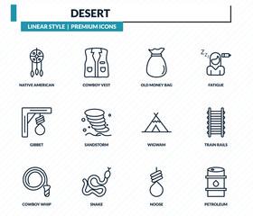 desert icons set - native american, cowboy vest, old money bag, train rails, petroleum outline vector collection. © IconArt