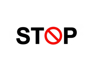 Bold Black "STOP" Text with Red Forbidden Circle Symbol Replacing the Letter O, Signifying Prohibition or Warning.