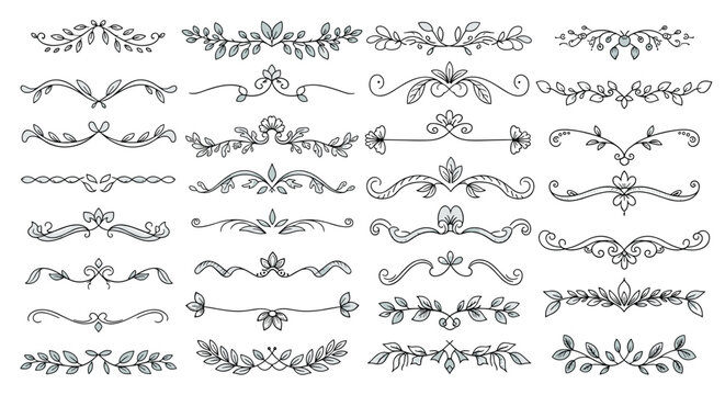 Large collection of hand-drawn floral and leafy divider elements, perfect for elegant text decoration, borders, and page ornaments.