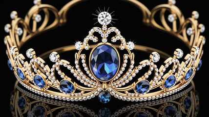 Obraz premium Luxury gold crown with blue jewelry gemstones and sparkling diamonds on black background