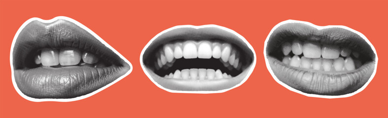 Set of retro halftone parts of body. Trendy halftone lips. Woman lips. Halftone collage elements. Vector illustration.