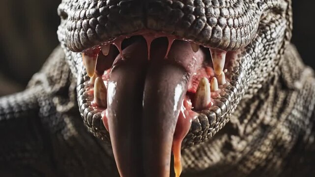 Close up of a dinosaur's open mouth revealing sharp teeth and a dripping, forked tongue