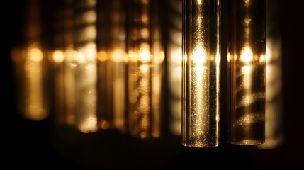 Close up view of shimmering golden and metallic tubes reflecting bright light creating abstract patterns and highlights against a dark background