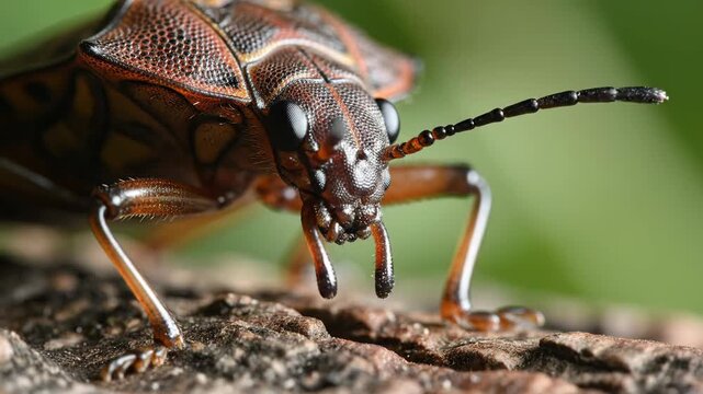 Close-up macro view of a brown and orange insect with detailed antennae and legs on a textured surface