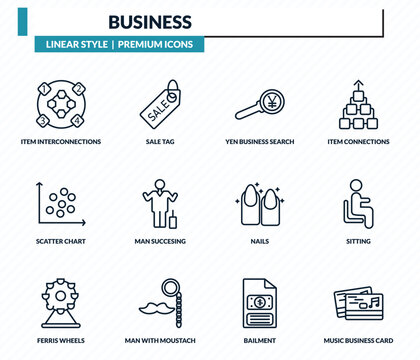 business icons set - item interconnections, sale tag, yen business search, sitting, music business card outline vector collection.