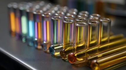 Rows of colorful glass vials displaying prismatic light effects on a laboratory surface
